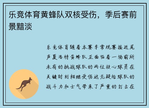 乐竞体育黄蜂队双核受伤，季后赛前景黯淡