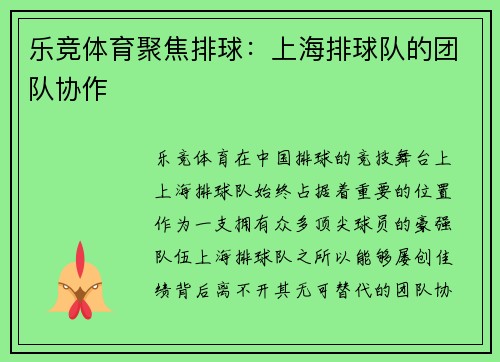乐竞体育聚焦排球：上海排球队的团队协作